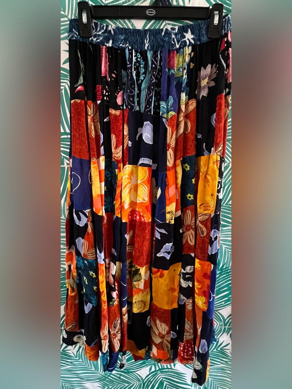 Boho Patchwork Floral Maxi Skirt in Black, Orange, Red & Blue
